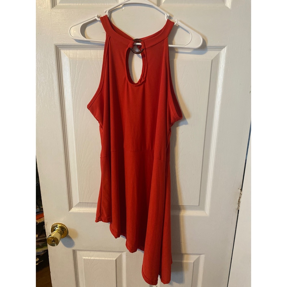 Rouge Collection Red Halter Neck Asymmetrical Hem Keyhole Top Womens 1X